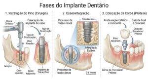 Ilustração explicativa das fases do implante dentário, com instalação do implante, integração ao osso e colocação da coroa protética.