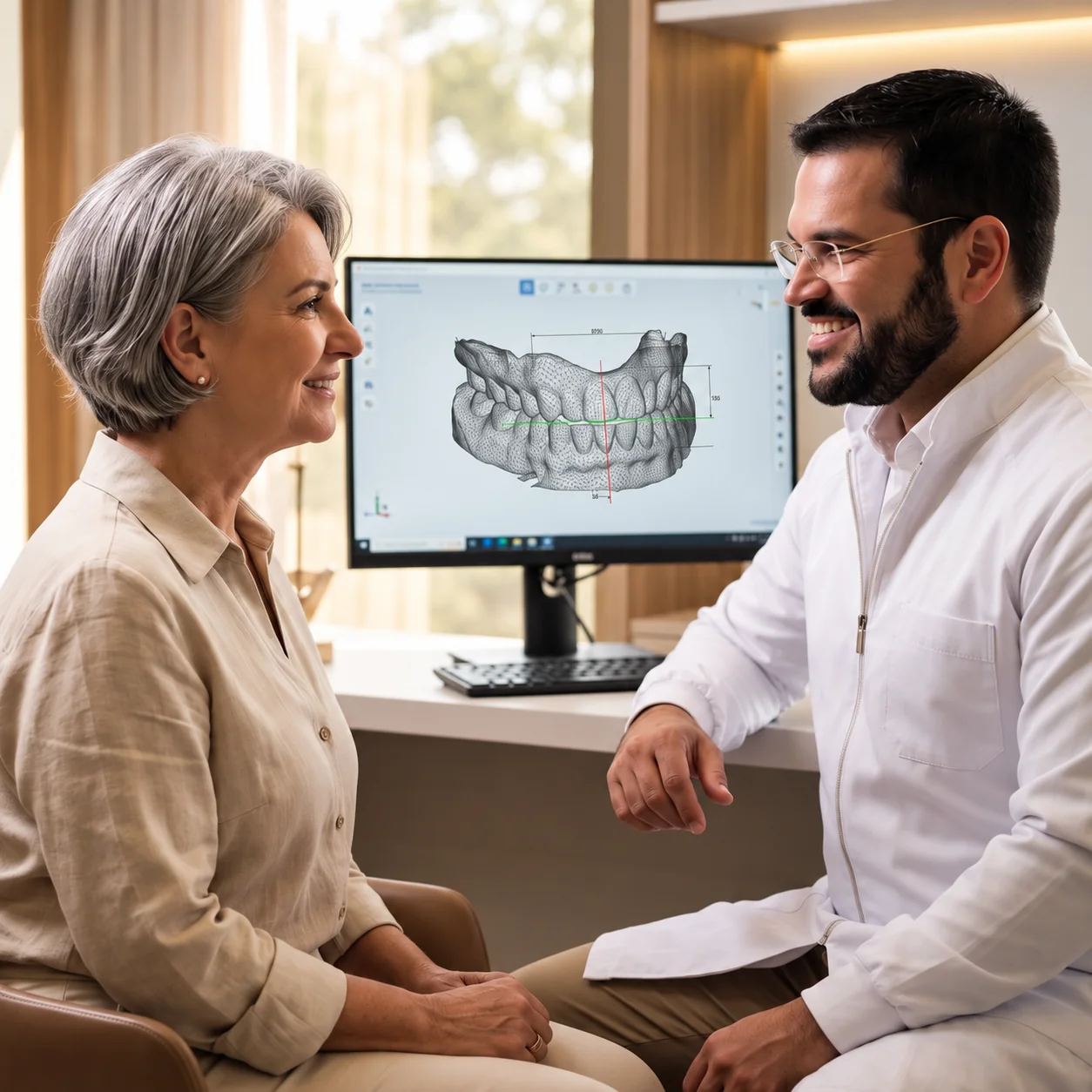 Mulher conversa com dentista, com um modelo odontológico 3D no monitor entre eles.