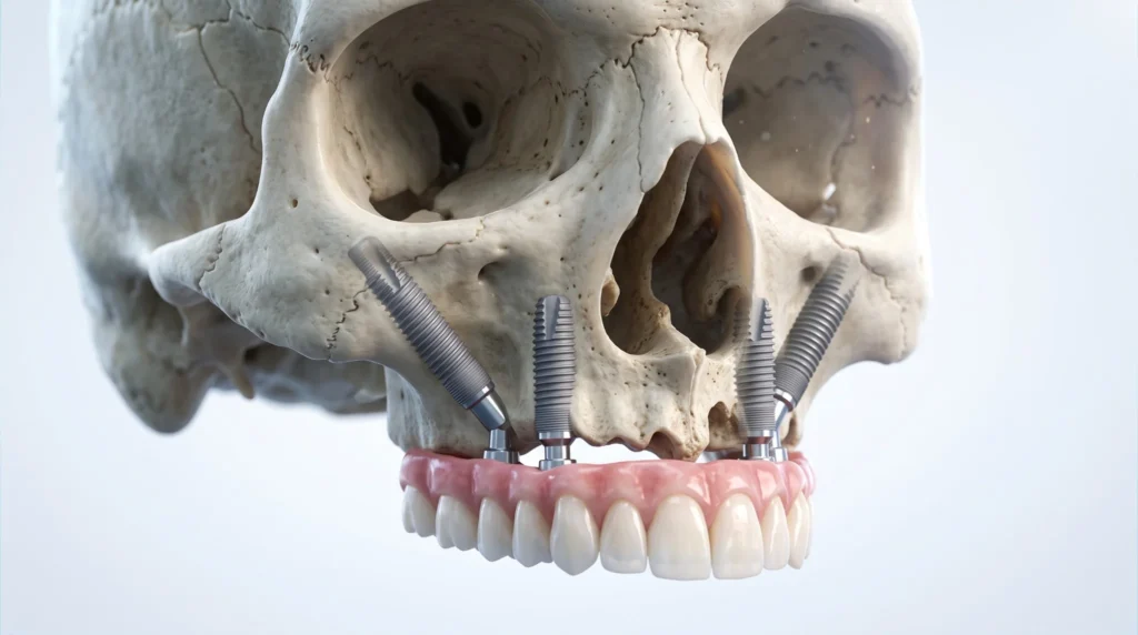 Ilustração 3D de dois implantes zigomáticos e dois implantes convencionais sustentando uma prótese dentária fixa na maxila superior.
