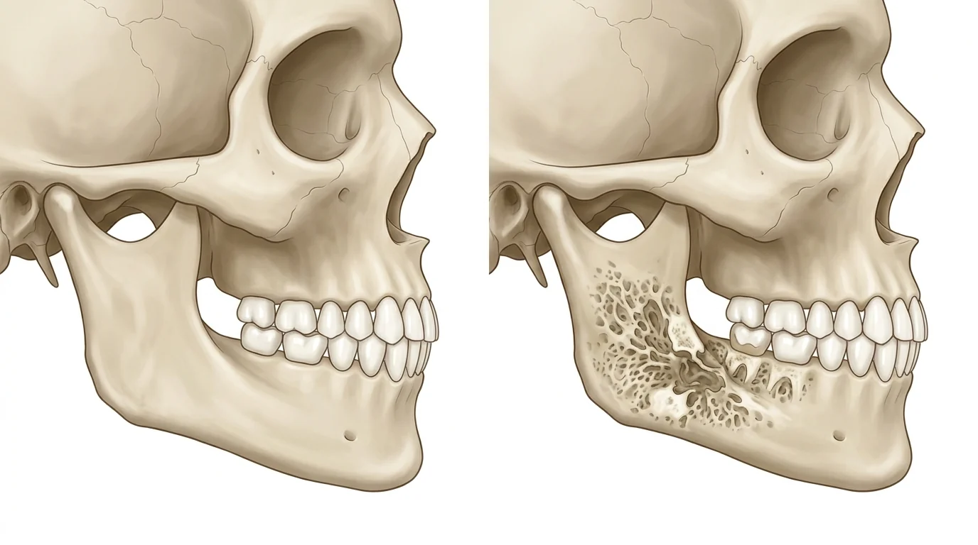 Ilustração comparativa de mandíbula saudável e osso alterado após radioterapia