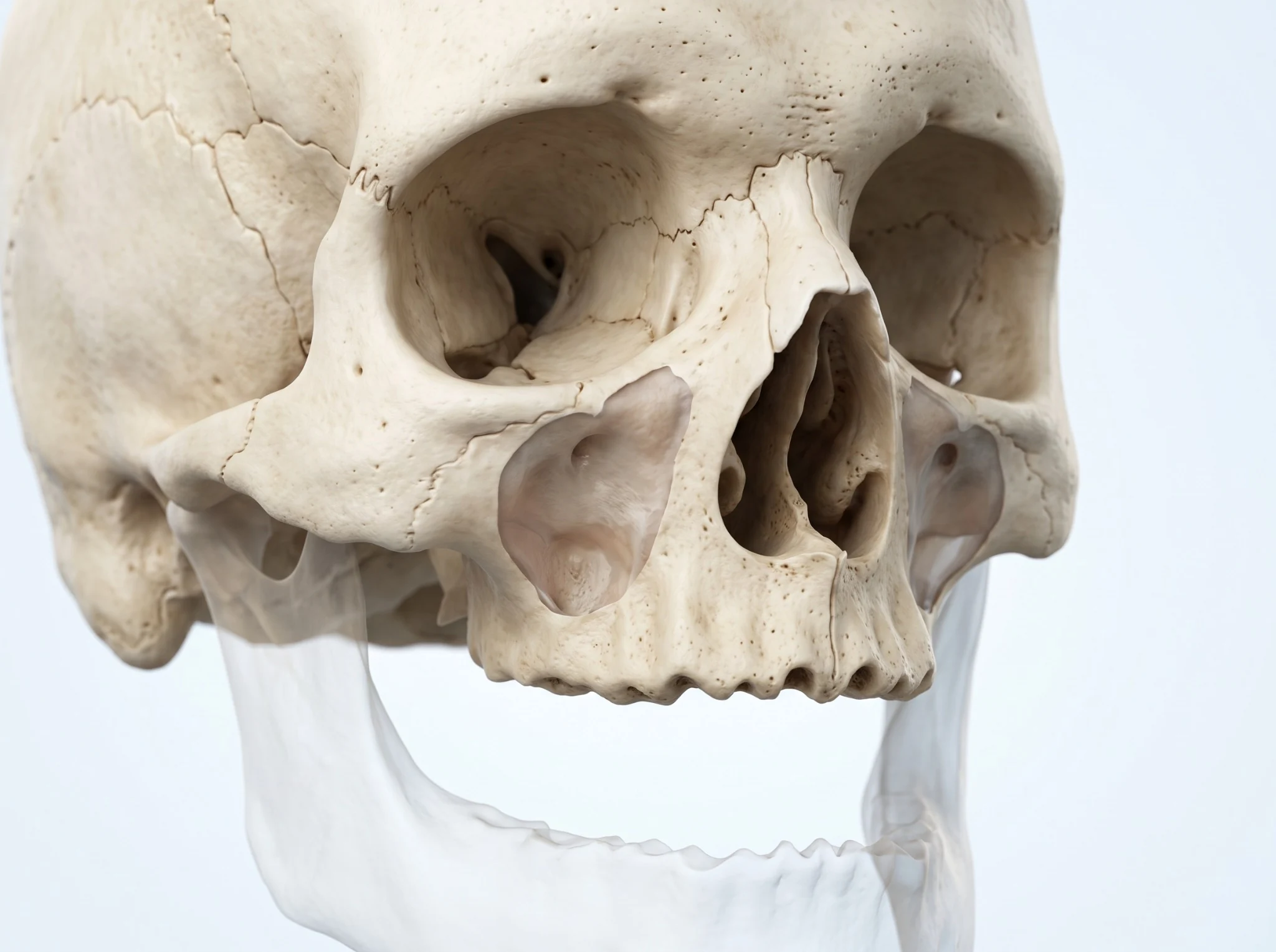 Modelo anatômico 3D de crânio humano sem dentes superiores, ilustrando a redução do volume ósseo da maxila.