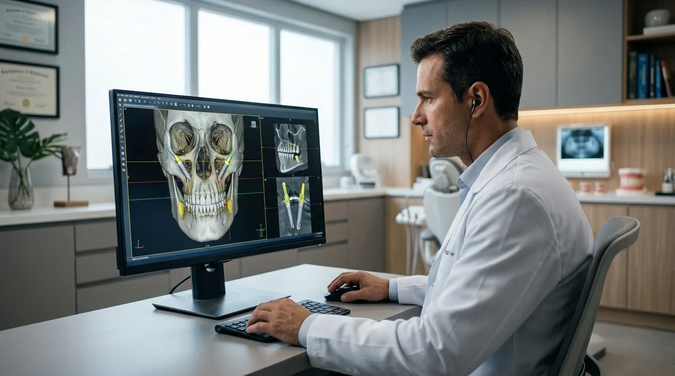 Ilustração de profissional de jaleco analisando reconstrução tridimensional do crânio e planejamento de implantes em monitor.