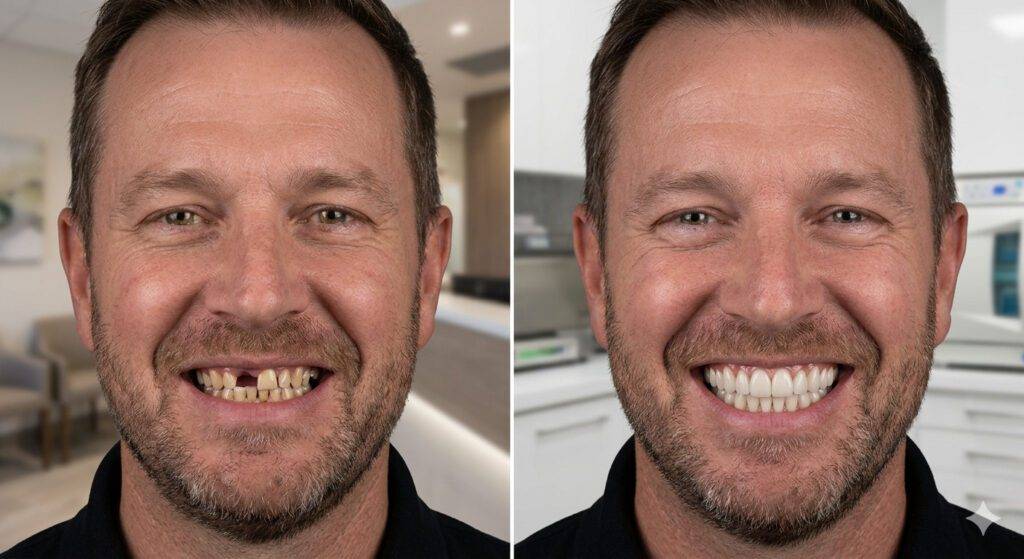 Comparativo de antes e depois de reabilitação oral com prótese protocolo fixa sobre implantes em paciente masculino, exibindo a restauração completa do sorriso e estética dental natural.