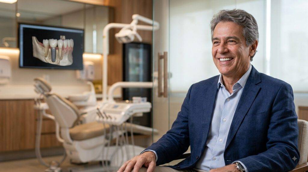 Paciente sorrindo em clínica odontológica com representação de implante dentário em monitor ao fundo