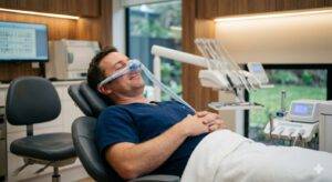 Um homem de meia-idade, vestindo uniforme médico azul, deitado em uma cadeira de dentista cinza, relaxado e com os olhos fechados. Ele está usando uma máscara nasal de sedação inalatória conectada a tubos azuis e brancos. Suas mãos estão entrelaçadas sobre o abdômen. O ambiente é um consultório odontológico moderno com acabamento em madeira, equipamentos de última geração e uma janela para um jardim ao fundo. A iluminação é suave e tranquila.