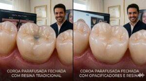 Comparação entre coroa parafusada fechada com resina tradicional e prótese sobre implante com opacificadores para redução do halo escurecido.